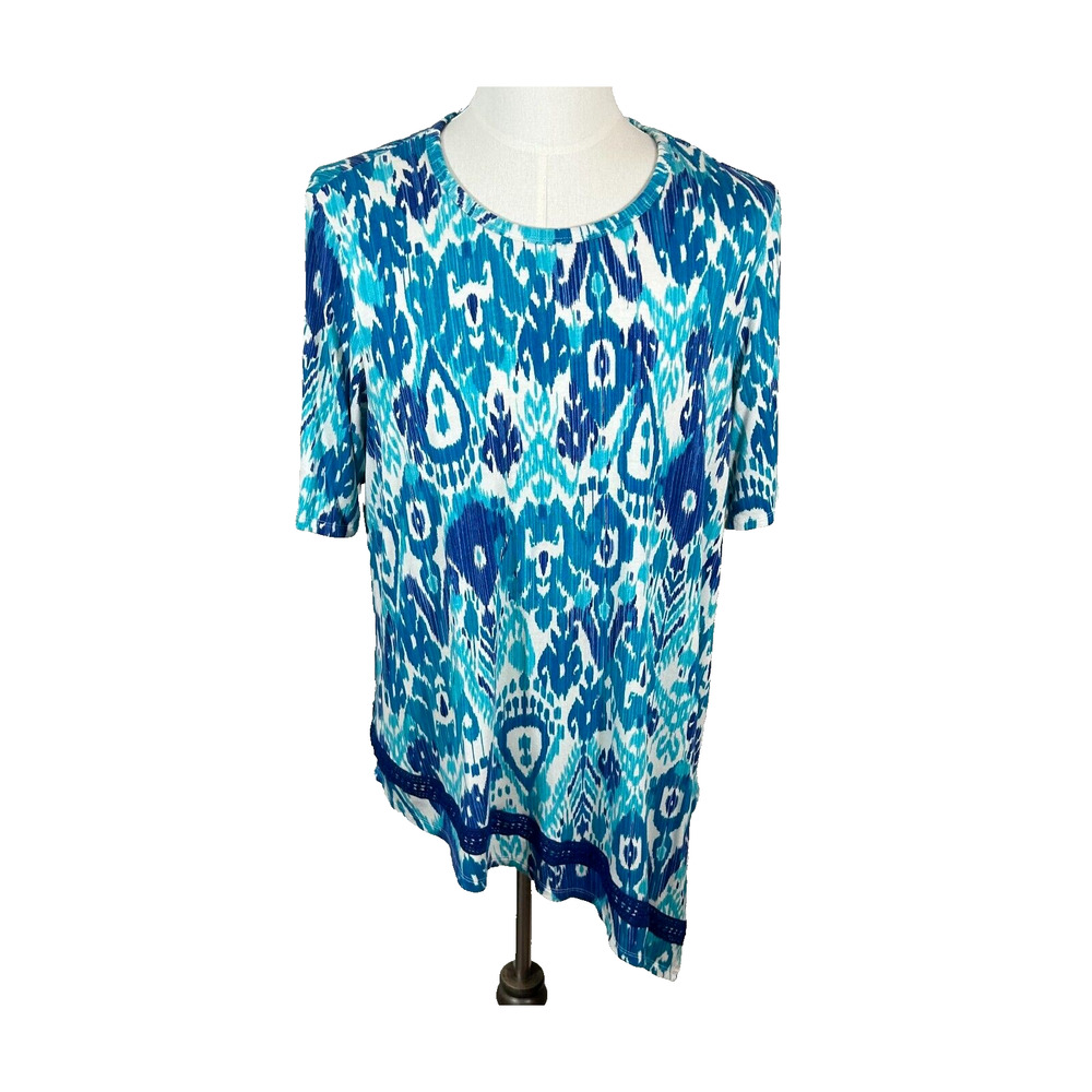 Chicos Top‎ Womens 3 XL 16 Blue Ikat Asymmetrical Crochet Hem Tunic Blouse